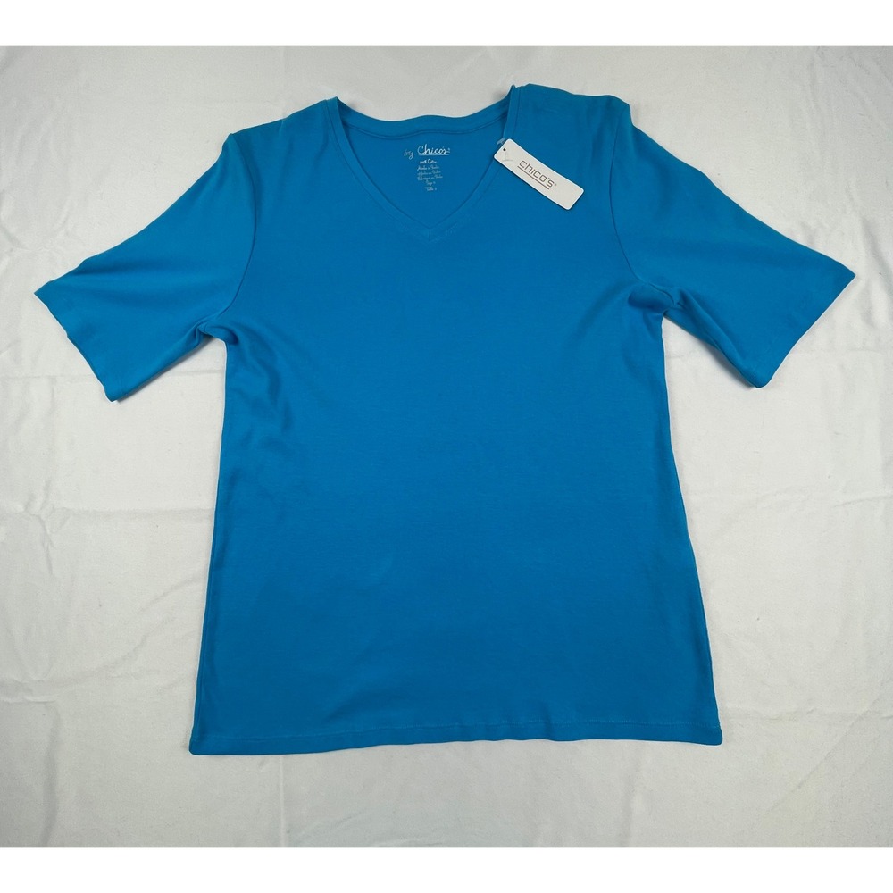 Chicos Blue V-Neck Cotton Short Sleeve T-Shirt Size 2 Large